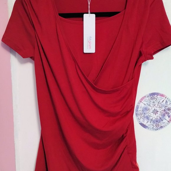 NWT FITGLAM Red Pullover short Sleeve Top V Neck Criss Cross Stretch (S) - Picture 1 of 6